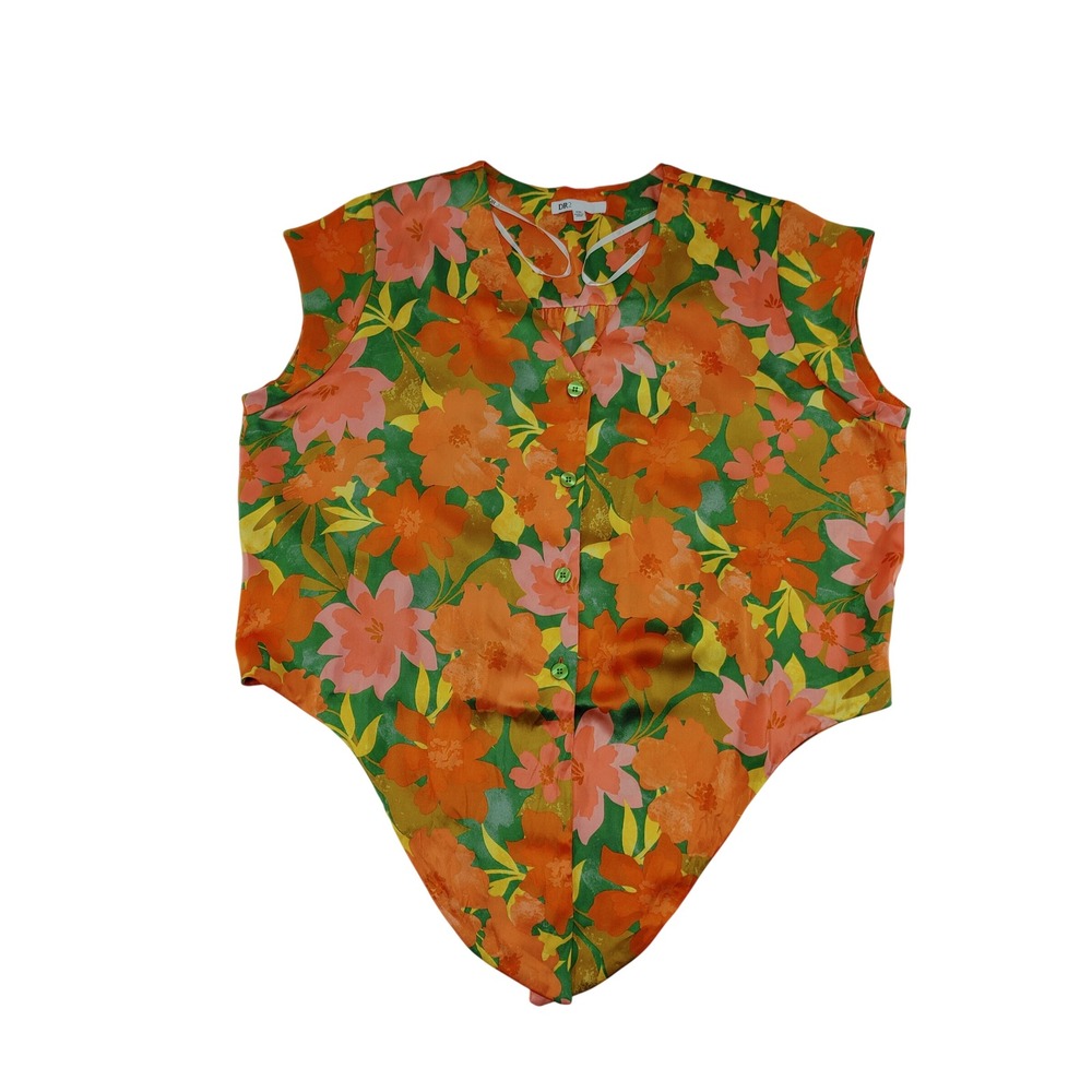 DR2 Womens XXL Floral Button Front Sleeveless Blouse Orange Green NWOT‎